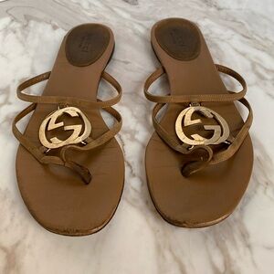 Gucci Slim Horsebit Leather Thong Sandal Tan Gold Hardware Size 38.5